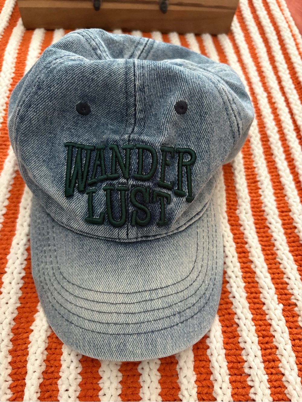 WANDERLUST Women’s Denim Baseball Cap - Blue with Green Embroidery